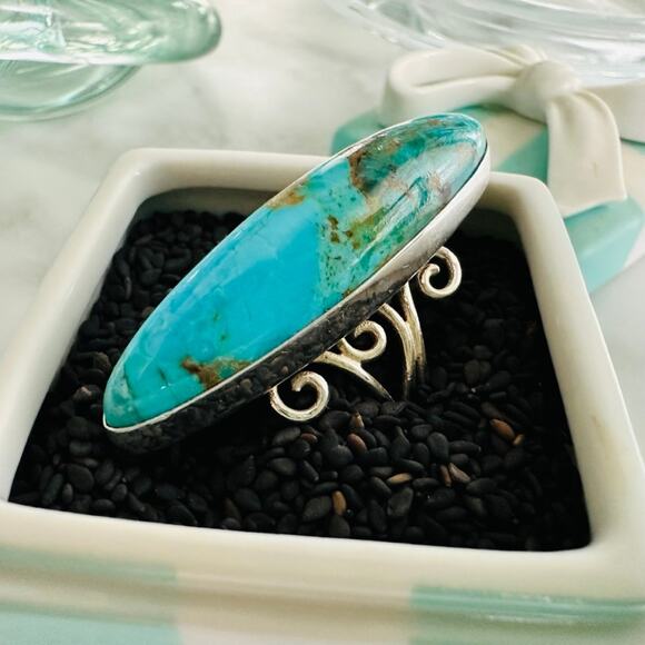Large Statement Turquoise .925 Sterling Silver Ring Size 7 Fine Jewelry Fashion - Picture 1 of 6